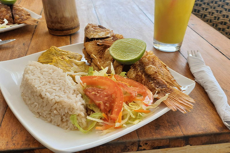 Fried fish meal with coconut rice at playa blanca in cartagena